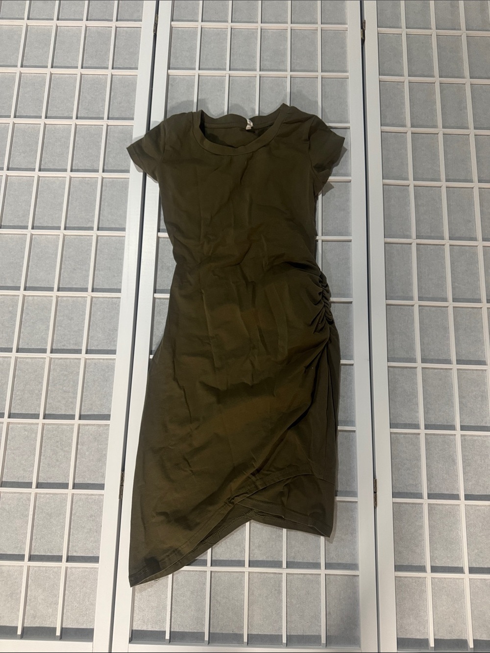 Olive Ruched Side Short Sleeve Dress